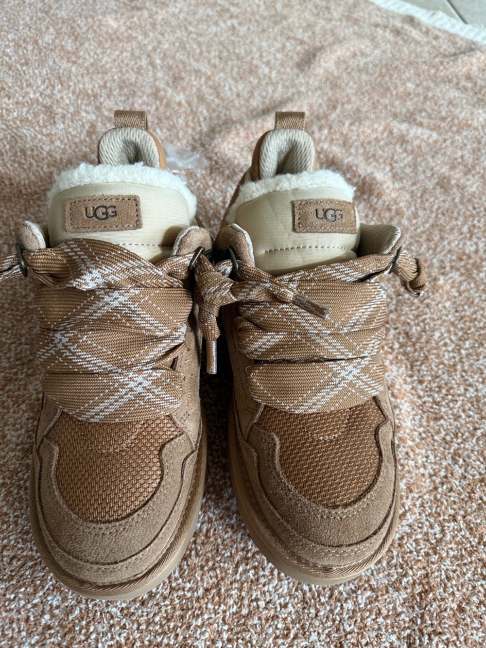 UGG plush Chestnut Suede Shearling-Trim Lace-Up Sneakers - Picture 3 of 9